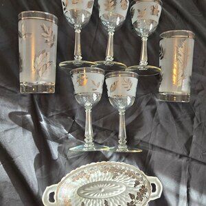 Vintage/60s LIBBEY Silver Leaves Frosted Wine Glasses & Tumblers & Relish Dish